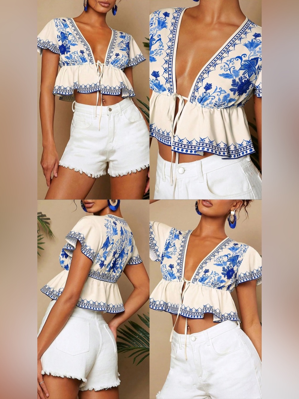 Cream Peplum Tie-Front Blouse with Blue Floral Print